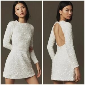 fitted lace wedding dress Avery Sequin Mini Dress in White by HELSI